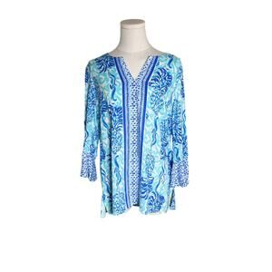 Pineapple Print Tunic Top S‎ Bell Sleeve Blue White Boho Resort Vacation Rayon